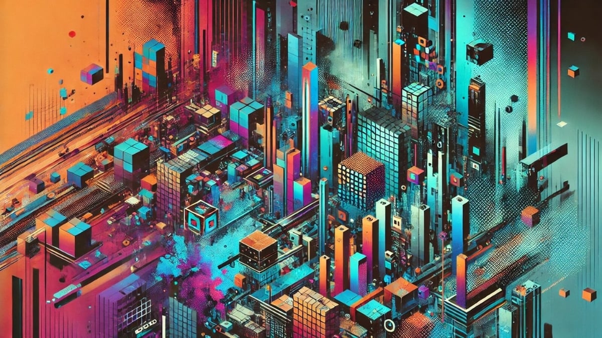 A vibrant glitch art digital artwork showcasing an abstract cityscape with pixel distortions, futuristic structures, and neon cyberpunk aesthetics.