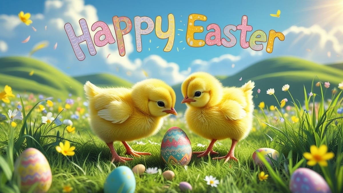 Two fluffy yellow Easter chicks curiously looking at a beautifully decorated egg in a bright green meadow filled with blooming flowers and rolling hills.