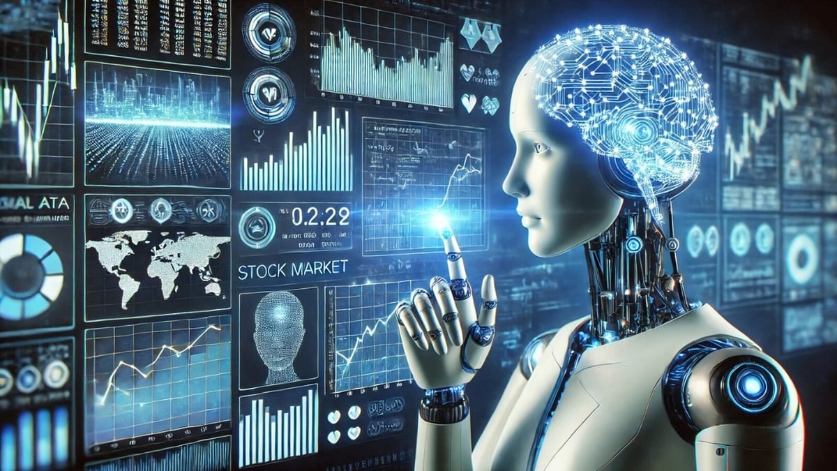 A futuristic AI robot analyzing stock market trends with advanced financial charts.