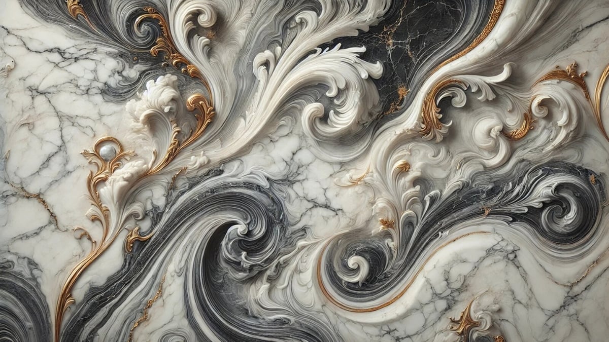 High-resolution baroque marble texture featuring intricate gold and black ornamental swirls on a polished white marble surface.