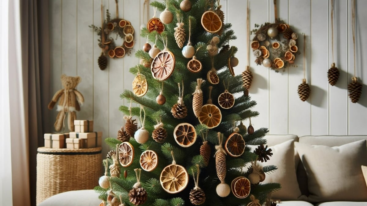 A beautifully decorated Christmas tree featuring dried citrus slices, pine cones, and wooden ornaments in a cozy rustic living room.