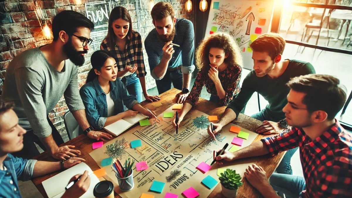 A diverse team of colleagues brainstorming ideas at a table, collaborating in a creative workspace.