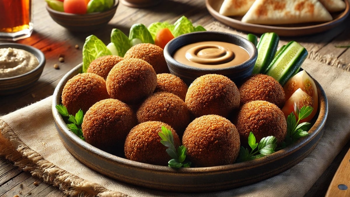 A plate of crispy falafel balls served with creamy tahini sauce, fresh vegetables, and pita bread.