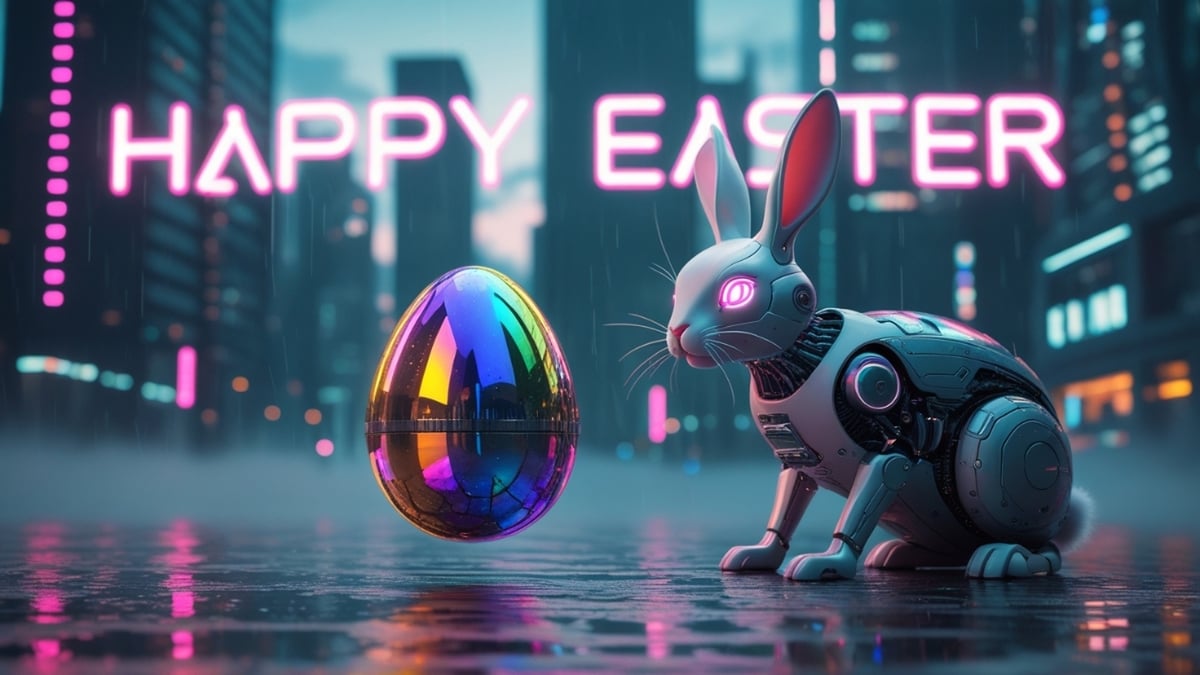 A robotic Easter bunny with glowing pink eyes gazing at a floating neon egg in a cyberpunk cityscape with bright neon lights.