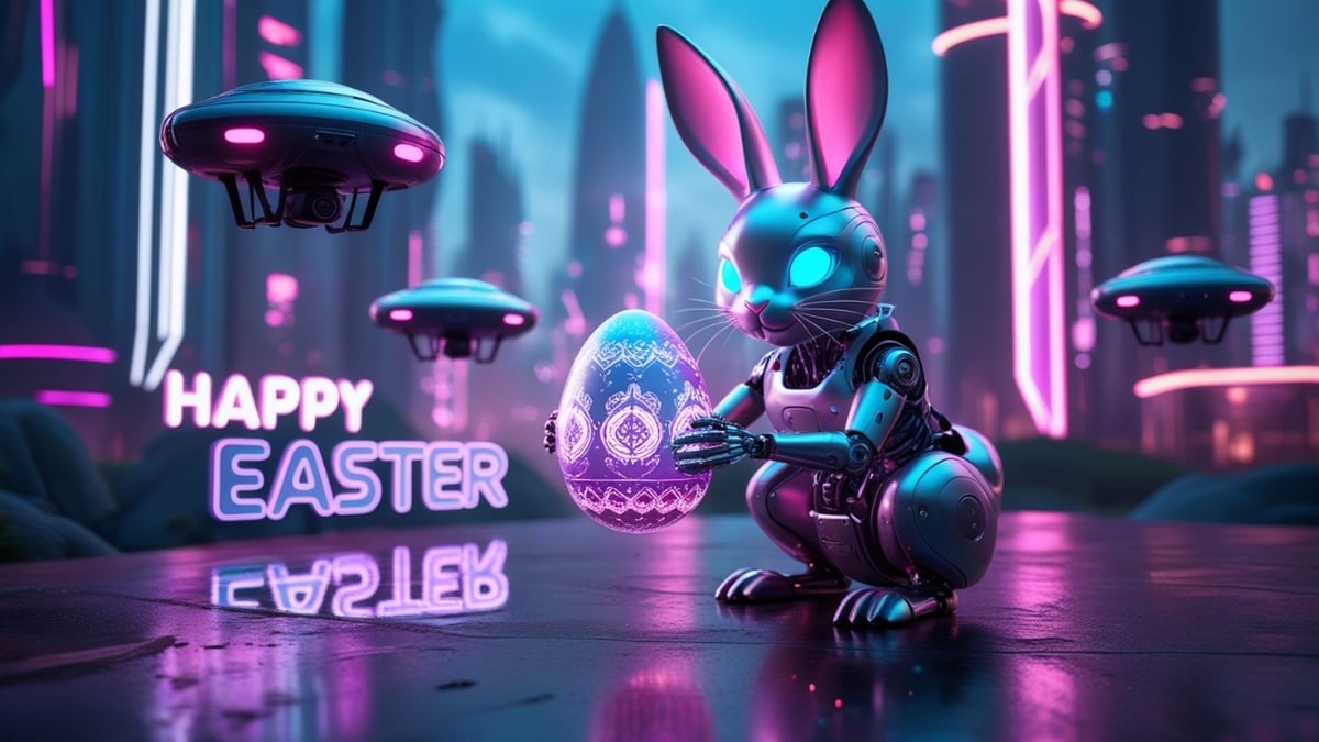 A cyberpunk-style robotic Easter bunny holding a glowing neon egg in a futuristic city with hovering drones and neon lights.