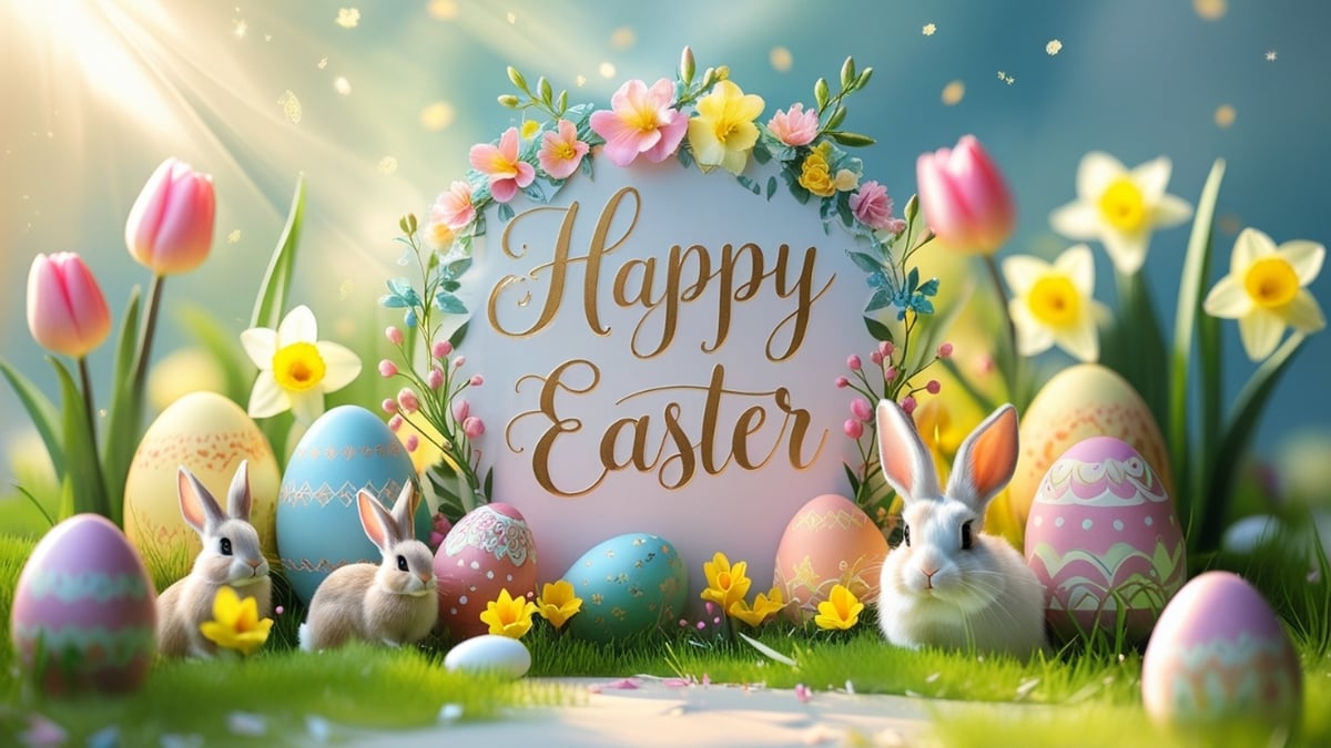 A beautifully illustrated Easter scene featuring bunnies, decorated eggs, and vibrant spring flowers surrounding a festive "Happy Easter" sign.