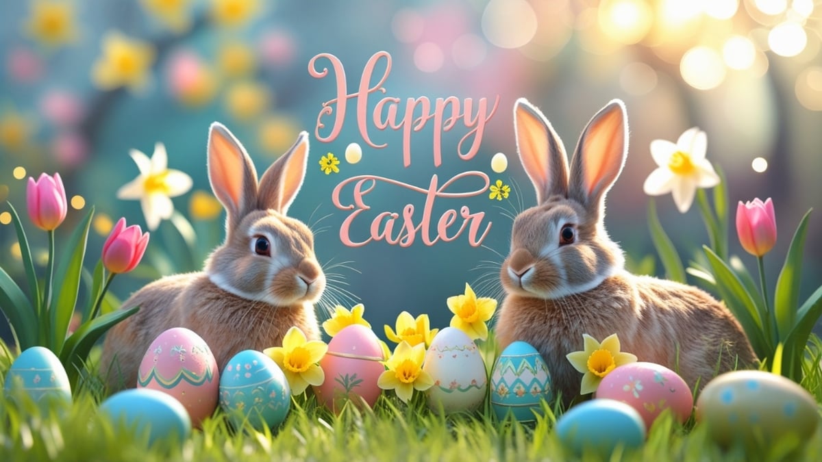 A beautifully illustrated Easter scene featuring two rabbits, pastel-colored eggs, and blooming spring flowers in a bright and cheerful atmosphere.