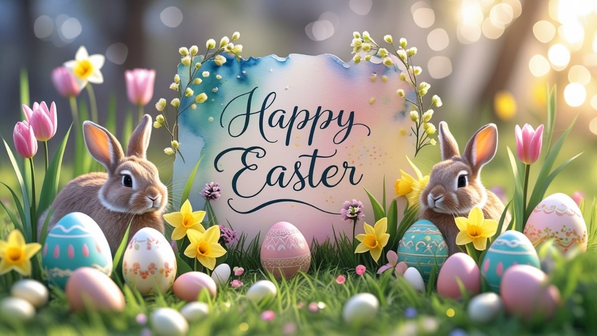 A beautifully illustrated Easter scene featuring two rabbits, pastel-colored eggs, blooming spring flowers, and a festive "Happy Easter" sign.