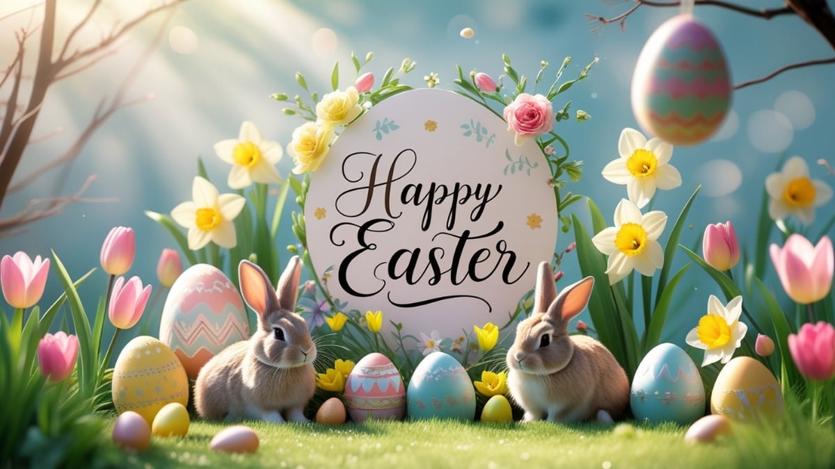 A beautifully illustrated Easter scene with two rabbits, colorful decorated eggs, and blooming spring flowers surrounding a festive Easter sign.