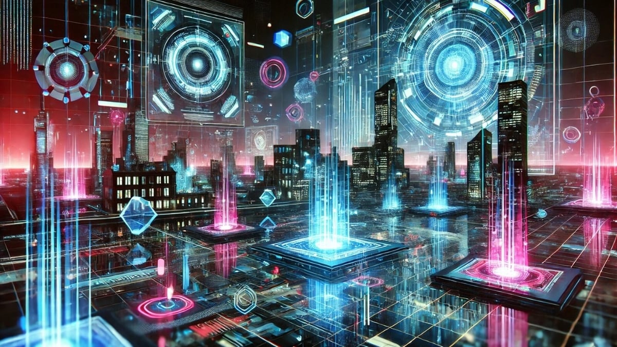 A futuristic cyberpunk digital artwork showcasing a neon-lit cityscape with glowing holograms, high-tech skyscrapers, and advanced digital interfaces.