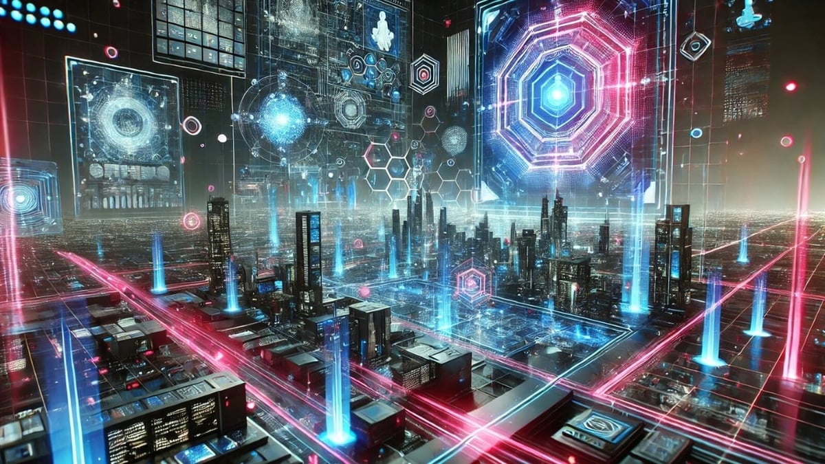 A futuristic digital artwork showcasing a cyberpunk cityscape filled with neon-lit holograms, advanced digital interfaces, and a high-tech atmosphere.
