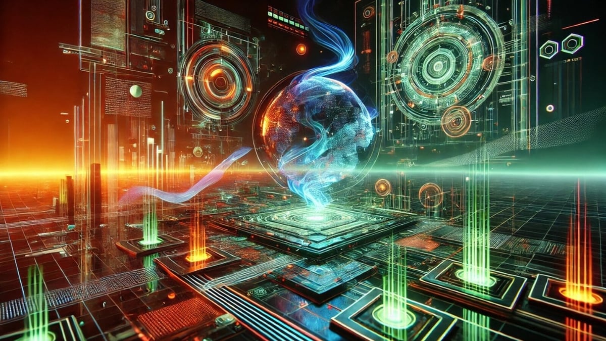 A futuristic sci-fi digital artwork featuring glowing holograms, cyberpunk aesthetics, neon circuits, and a high-tech digital landscape.