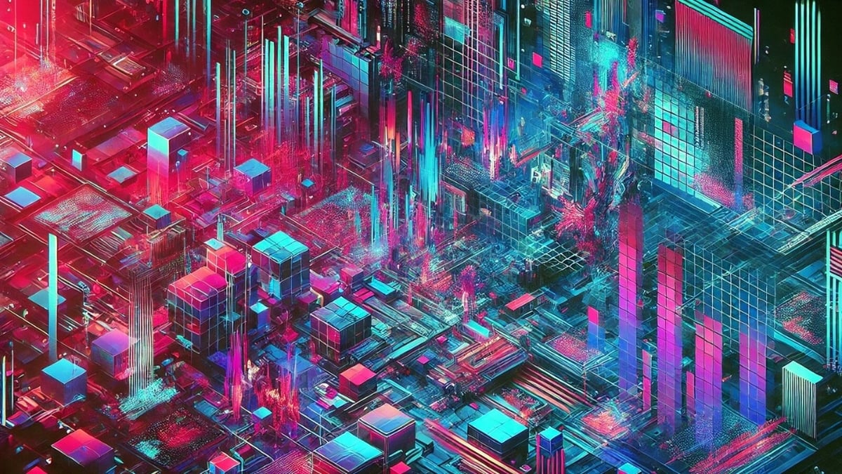 A futuristic glitch art digital cityscape featuring cyberpunk aesthetics, neon structures, pixelated distortions, and abstract digital elements.