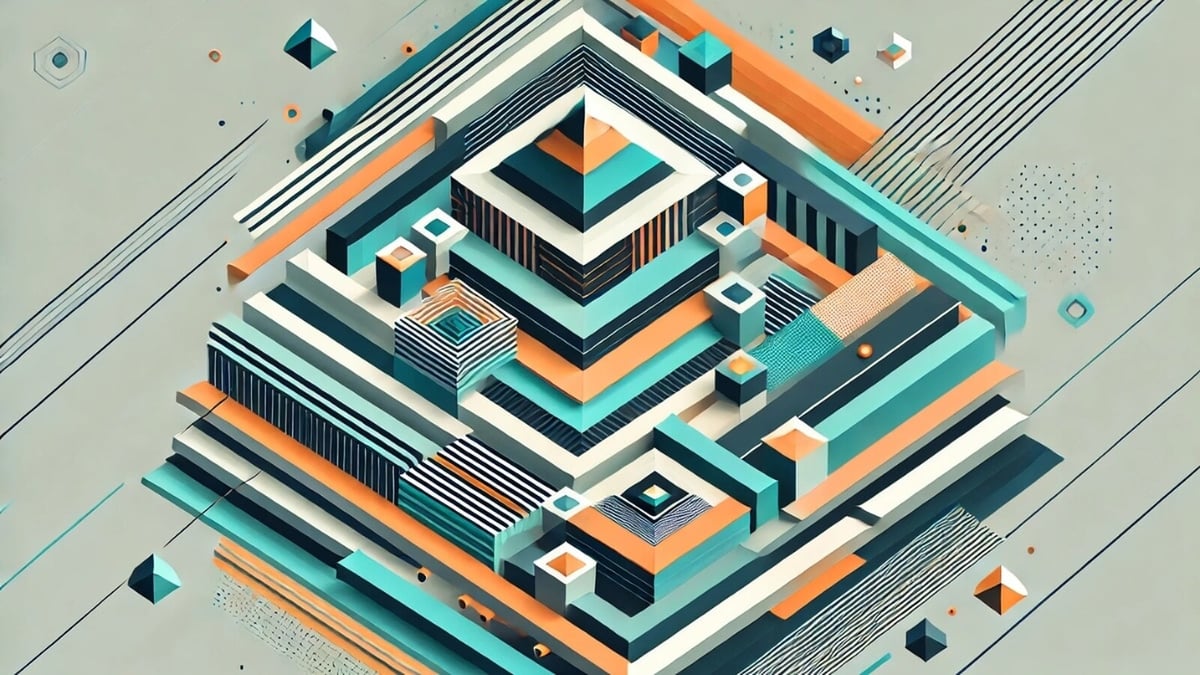 A modern abstract digital artwork featuring geometric 3D structures, layered patterns, and sharp angular shapes in a futuristic design.
