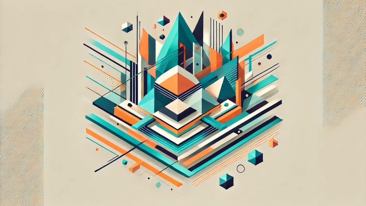An abstract geometric digital artwork featuring sharp angular shapes, layered patterns, and a futuristic color palette in a minimalist composition.