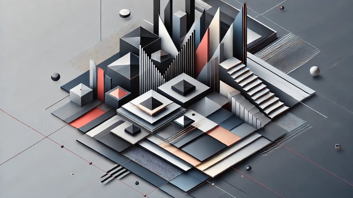 A modern abstract digital artwork featuring geometric structures, layered architectural elements, and a minimalist futuristic design in a sleek monochrome composition.