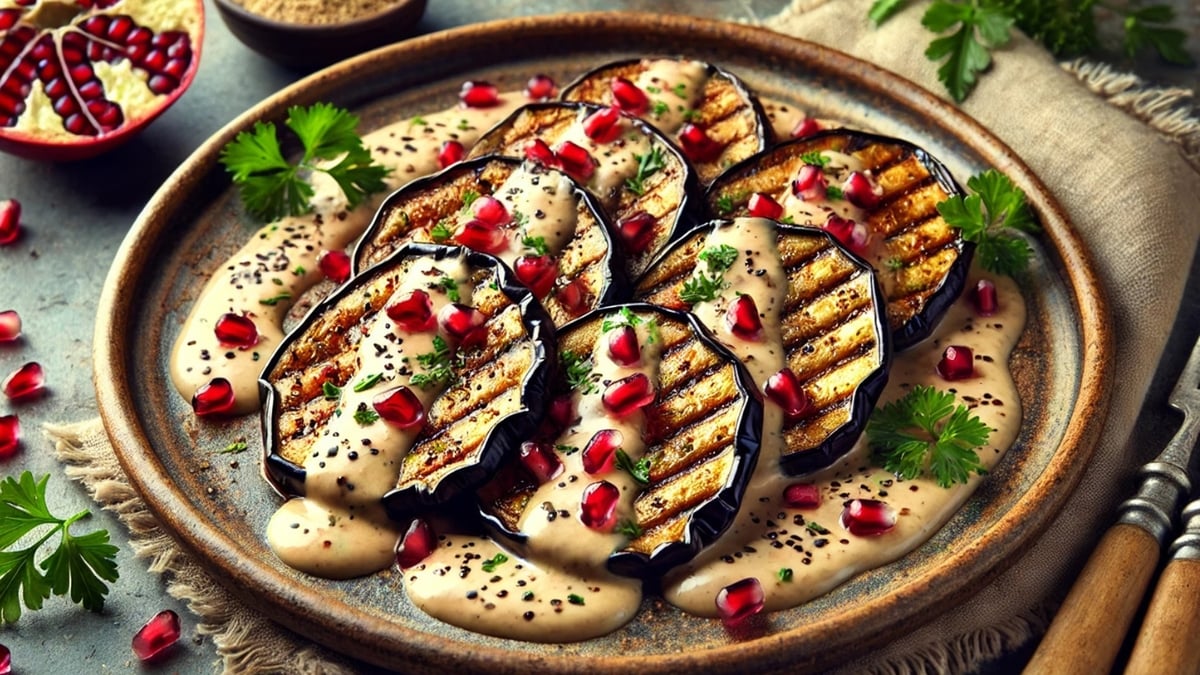 Grilled eggplant slices drizzled with creamy tahini sauce and topped with pomegranate seeds.