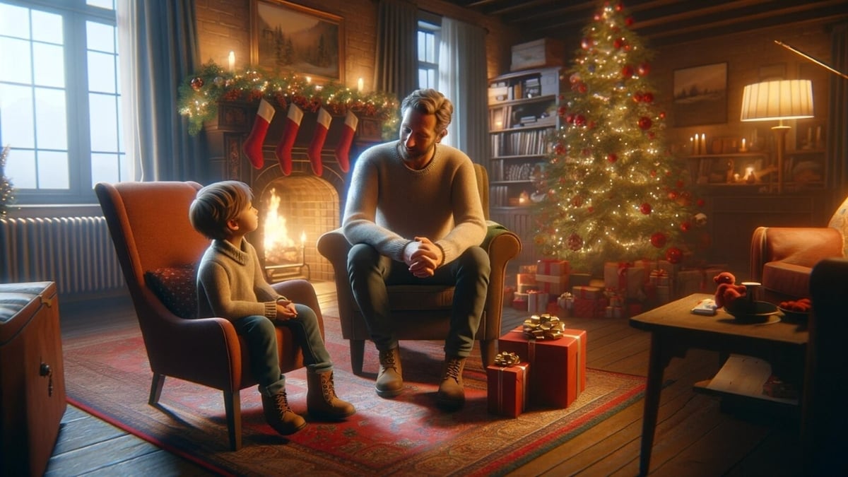 Cozy Christmas Eve with father and son by the fireplace surrounded by festive decorations and warm lights