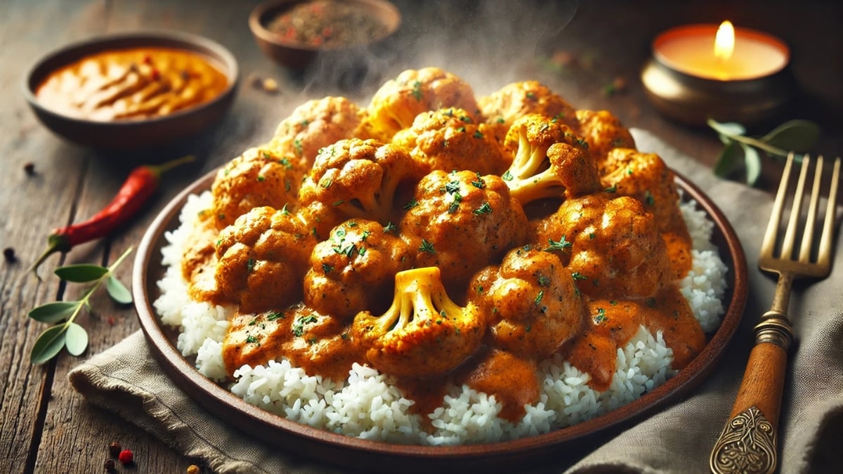 A steaming plate of Indian cauliflower curry with a rich, spiced sauce served over white rice.