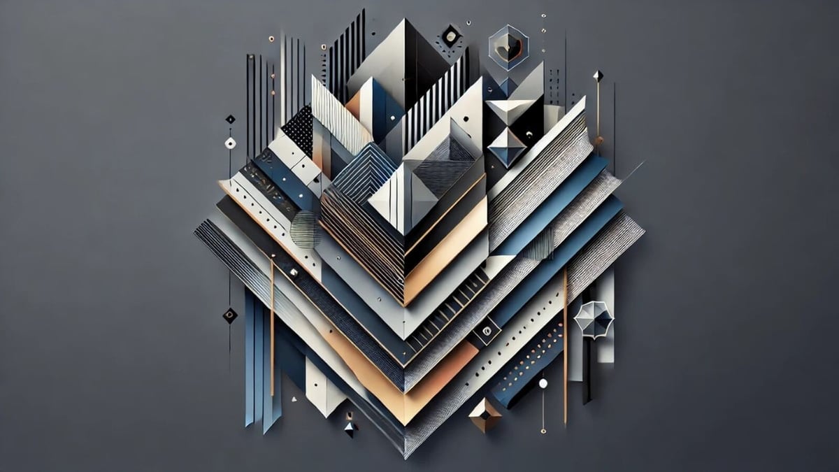 A geometric abstract digital artwork featuring sharp angular shapes, layered architectural patterns, and a futuristic minimalist design in a dark-toned composition.