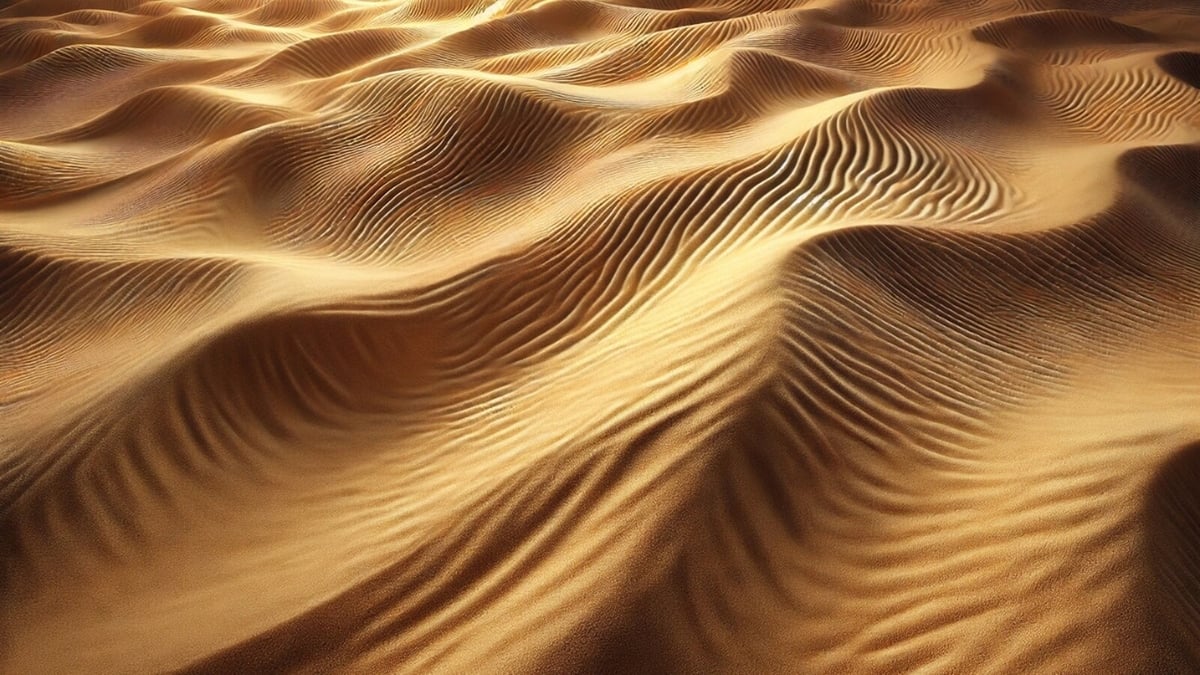High-resolution sand texture with wind-formed dunes and intricate ripple patterns, ideal for backgrounds and 3D rendering.