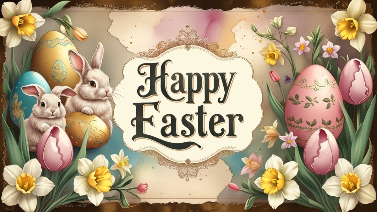 A beautifully illustrated vintage Easter card featuring baby rabbits, floral-patterned eggs, and blooming daffodils and tulips.