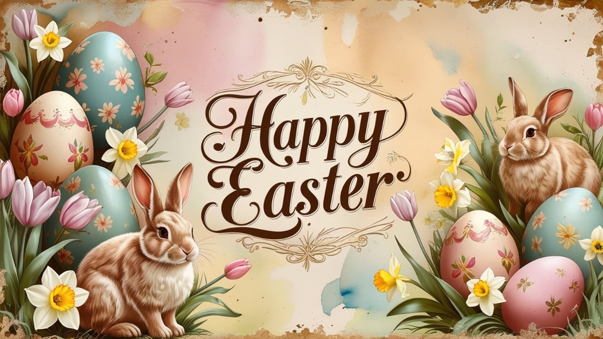 A beautifully illustrated vintage Easter card featuring two rabbits, decorated eggs, and blooming spring flowers in soft pastel tones.