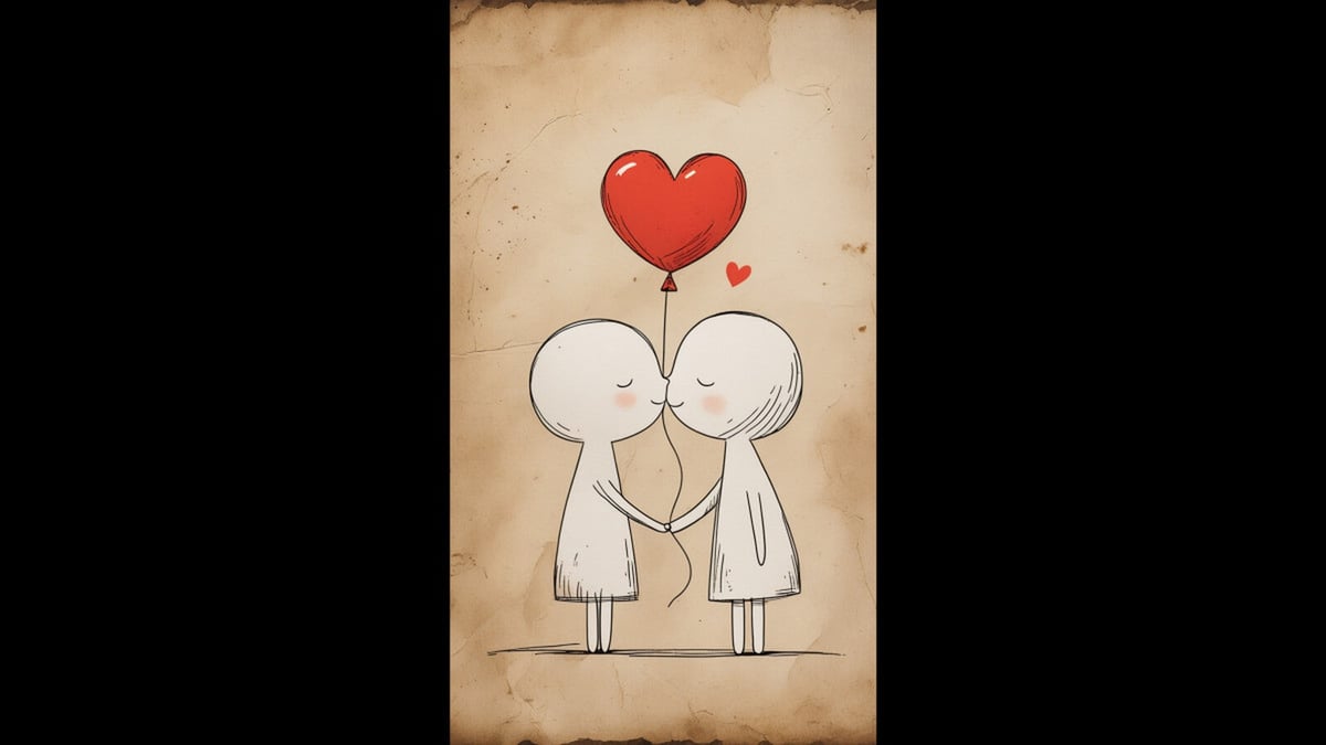 A hand-drawn sketch of a loving couple holding a heart balloon on aged paper