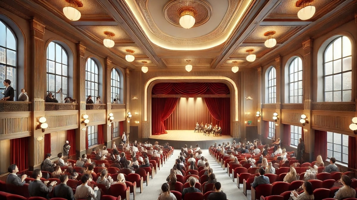 A beautifully designed theater hall with a grand stage, red velvet curtains, and an engaged audience.