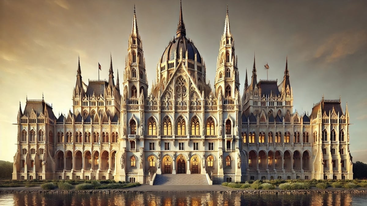 Stunning Neo-Gothic parliament building with intricate ornaments, pointed arches, and a grand central dome, reflecting in the water at sunset.