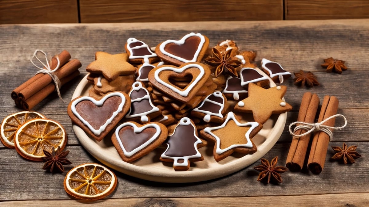 Iced gingerbread cookies in heart, bell, and star shapes on a wooden table with spices