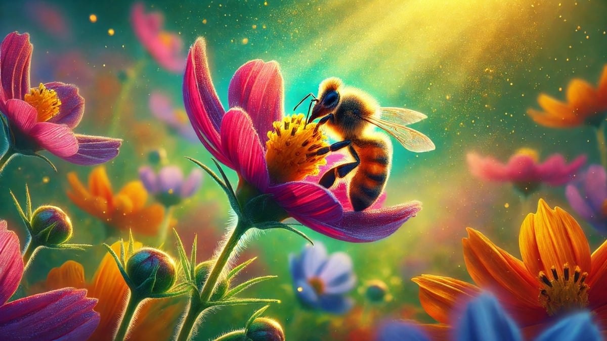 A close-up of a honeybee collecting pollen from a bright pink flower, surrounded by colorful blossoms in warm golden sunlight.