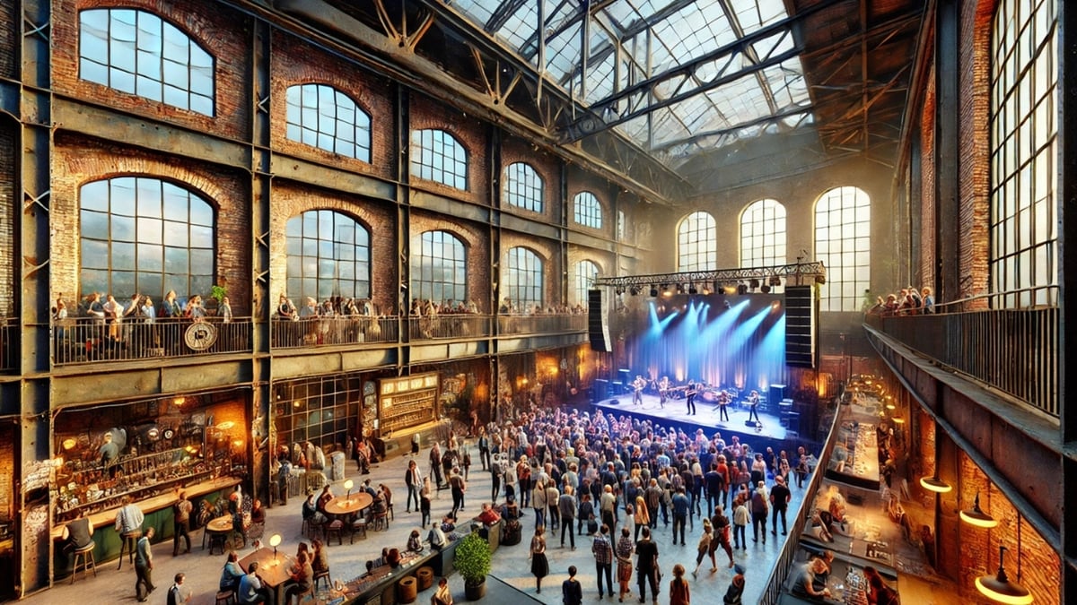 A repurposed industrial venue with exposed brick, steel beams, and a live concert on stage.