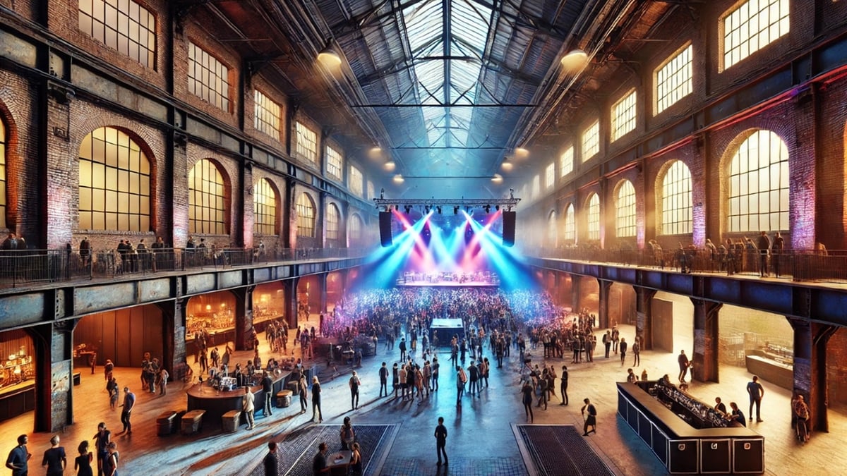 A repurposed industrial venue with exposed brick walls hosting a dynamic live concert with colorful stage lighting.