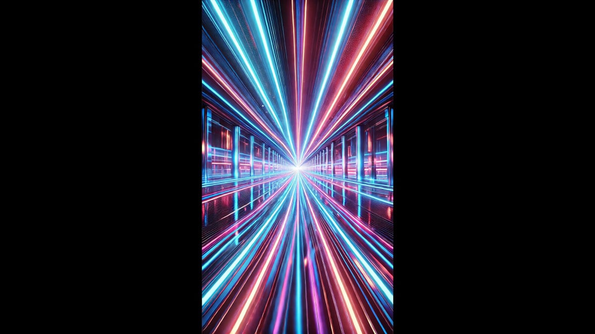 Futuristic neon tunnel with glowing blue and pink lights creating an infinite perspective