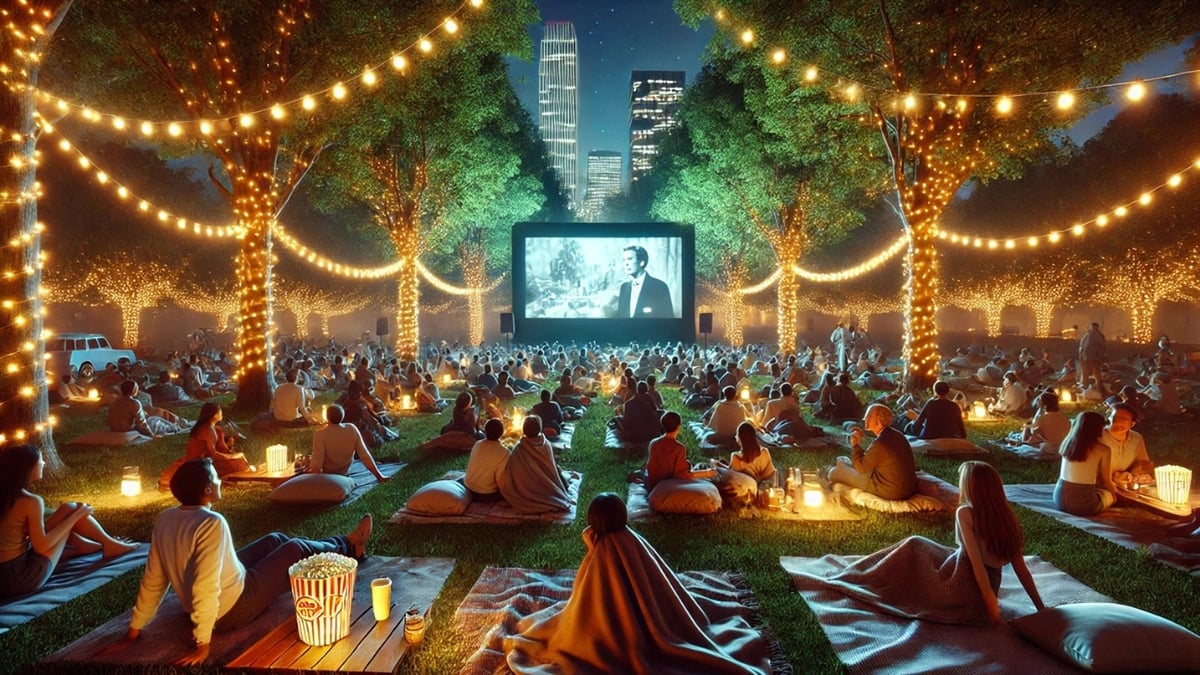 A cozy outdoor movie screening in a park at night, with glowing string lights and a large projector screen.