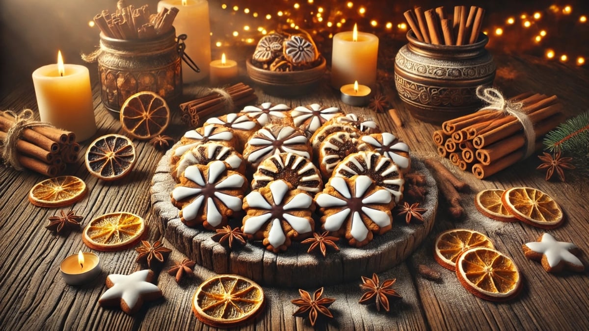 Iced gingerbread cookies on a wooden table with dried oranges, cinnamon sticks, and glowing candles