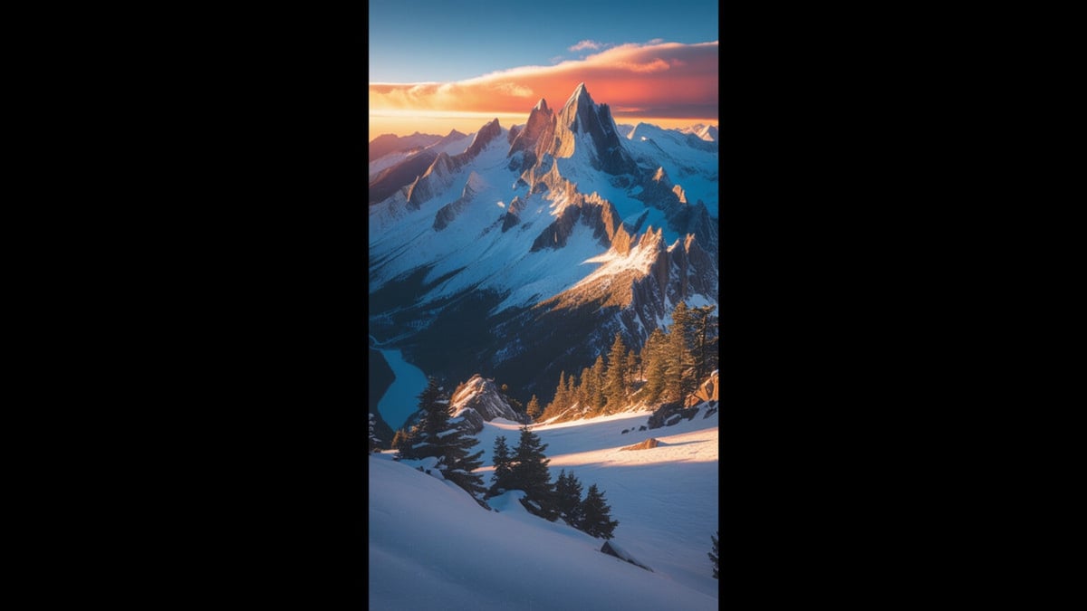 Majestic snowy mountain peaks illuminated by a golden sunset glow