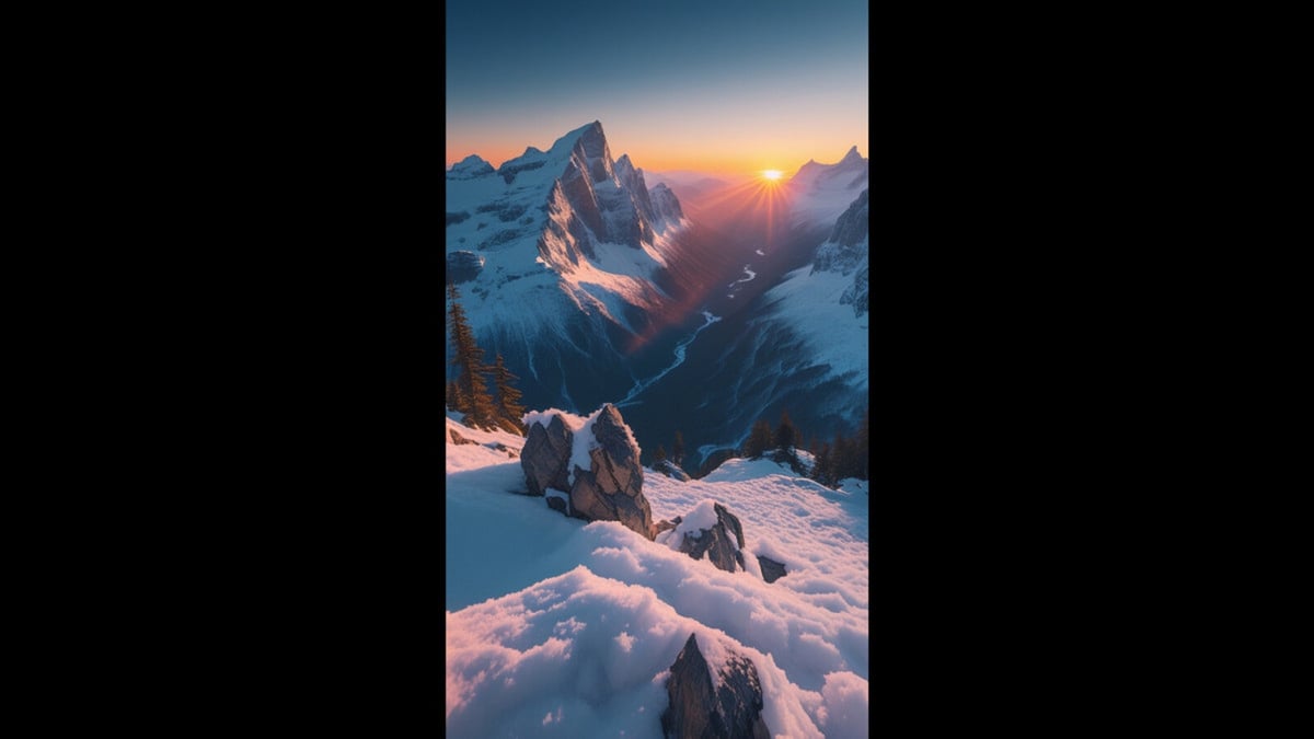 A breathtaking snowy mountain range glowing under a golden sunset