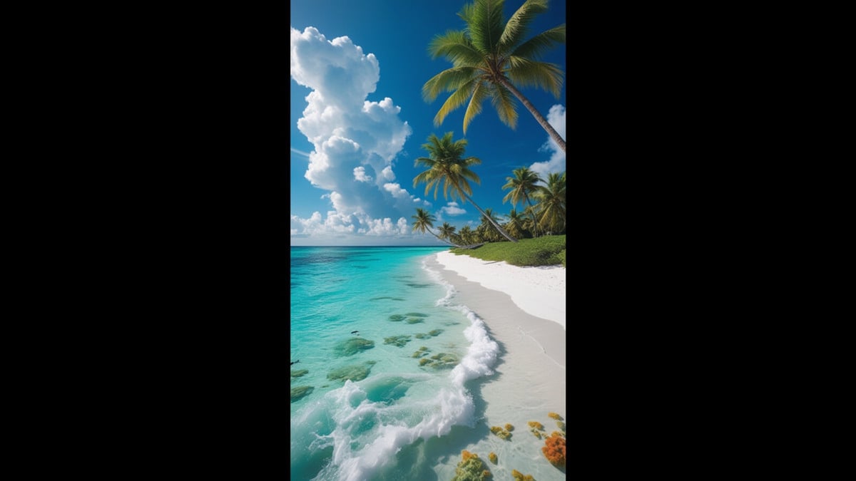 A stunning tropical beach with swaying palm trees and turquoise waters