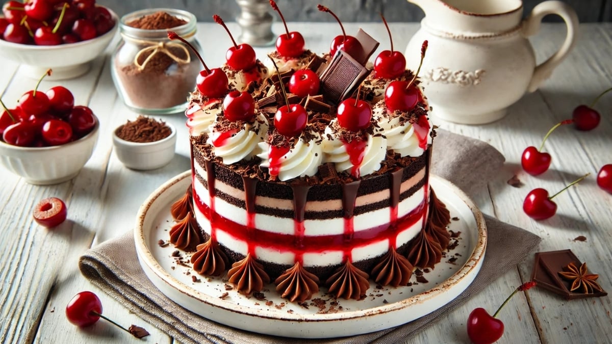 Layered Black Forest cake topped with whipped cream, cherries, and chocolate on a rustic white table.