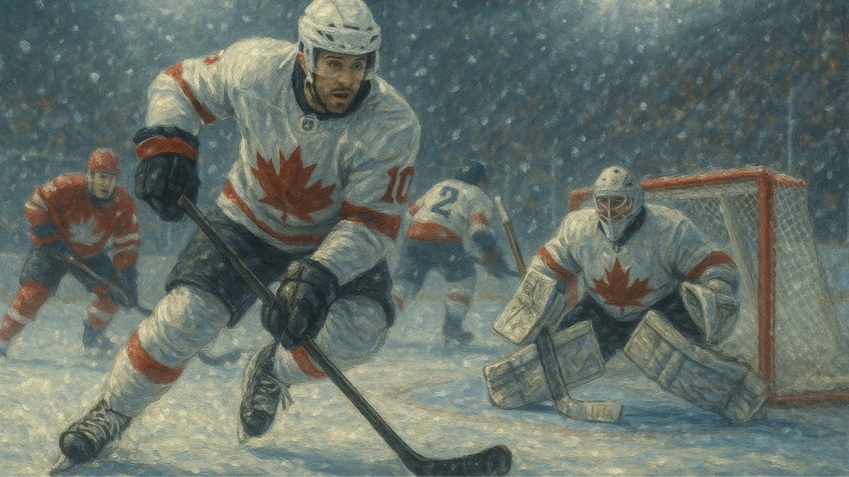 Canadian ice hockey players skate and defend near the goal during a snowy outdoor game under bright stadium lights.