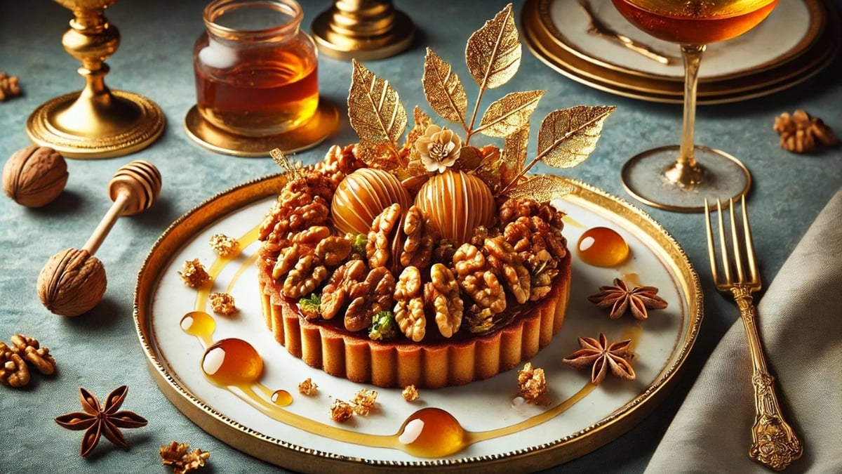 Walnut tart with caramel topping, gold leaf accents, and honey drizzle on a decorative plate with golden flatware