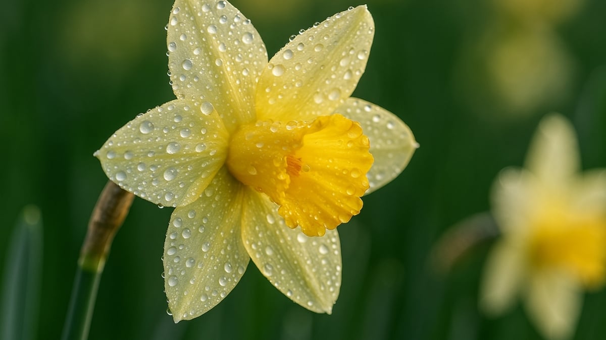 Yellow daffodil covered in dew drops with a blurred green background