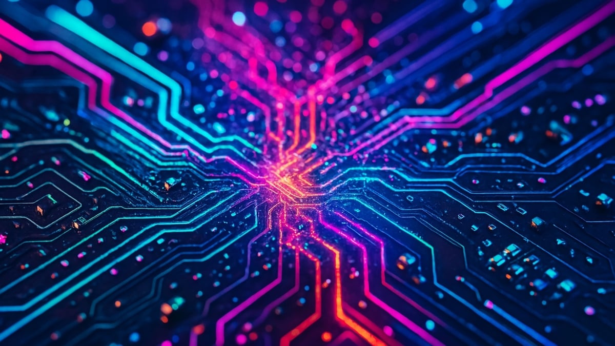 Neon blue, pink, and red circuit lines intersect on a dark board filled with small glowing components.