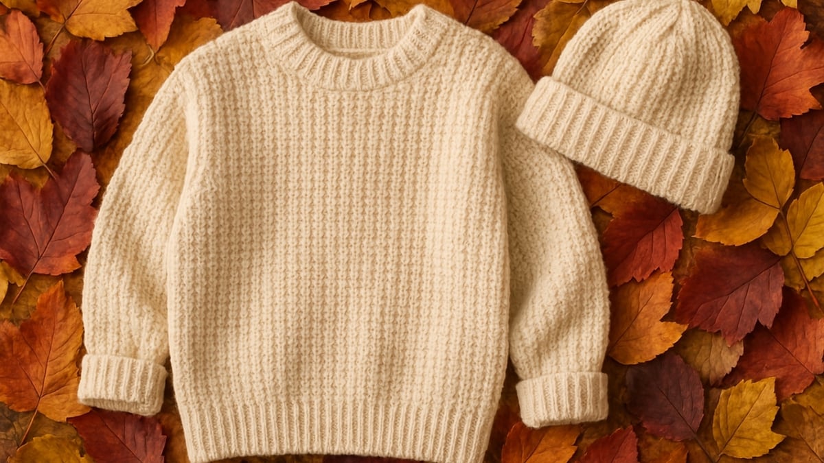 Cream knit sweater and matching beanie laid on colorful fall leaves