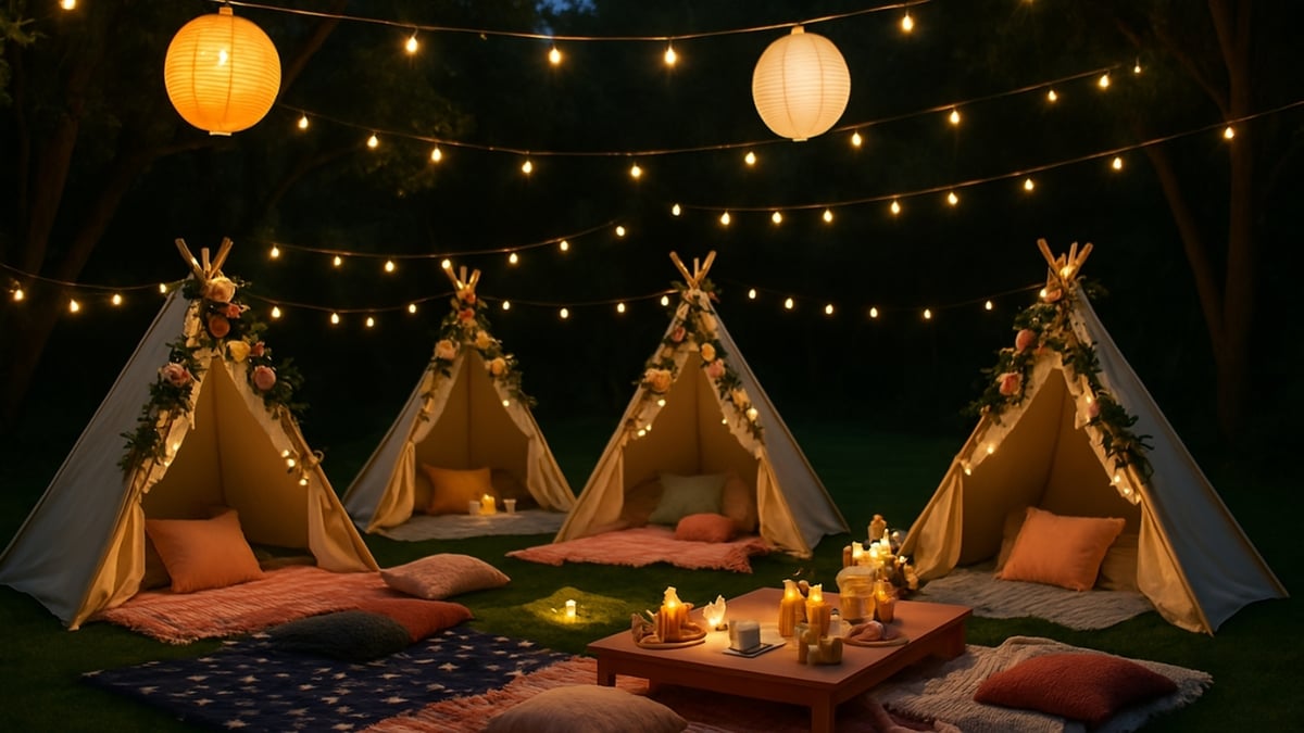 Glamping-style sleepover with decorated tents, string lights, pillows, and a table set for snacks under the night sky