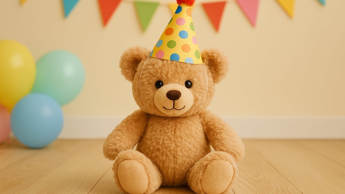Fluffy teddy bear in a colorful party hat sits on a wooden floor with balloons and bunting in the background