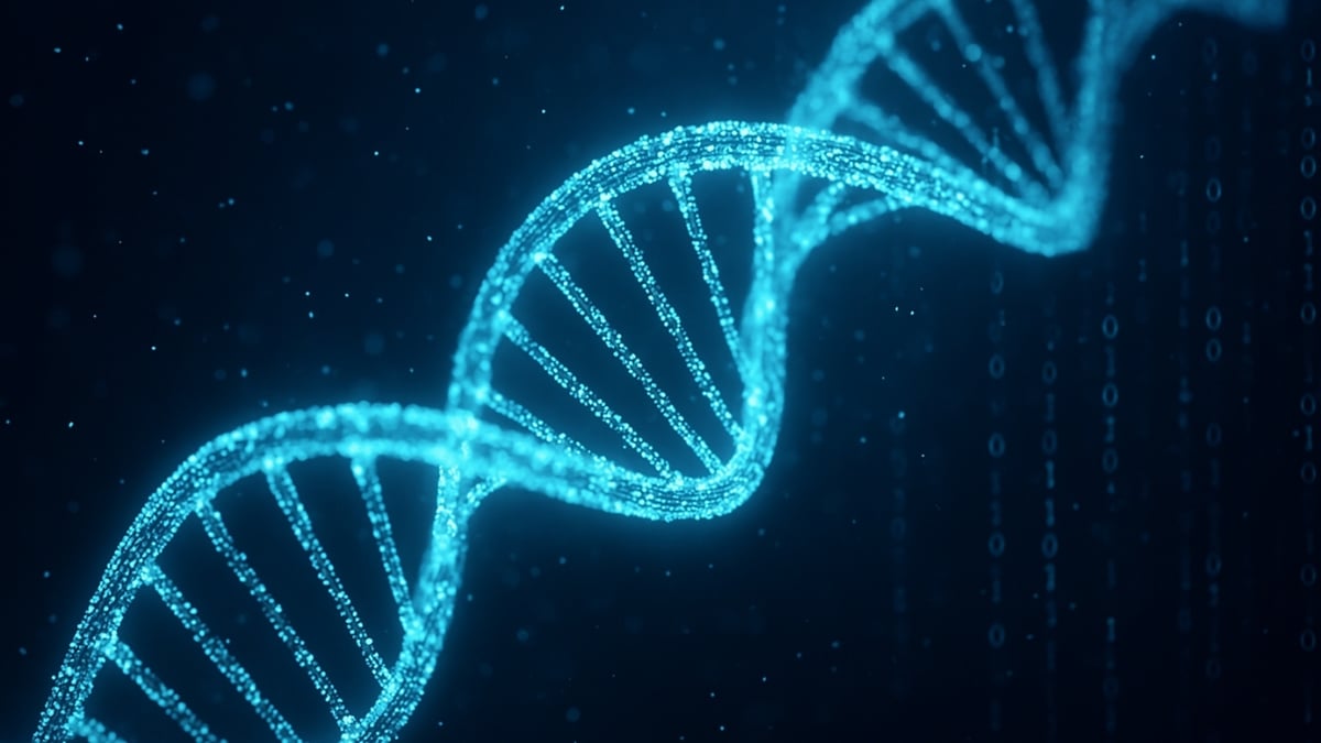 Close-up of a glowing blue DNA double helix formed by tiny digital particles on a dark background.