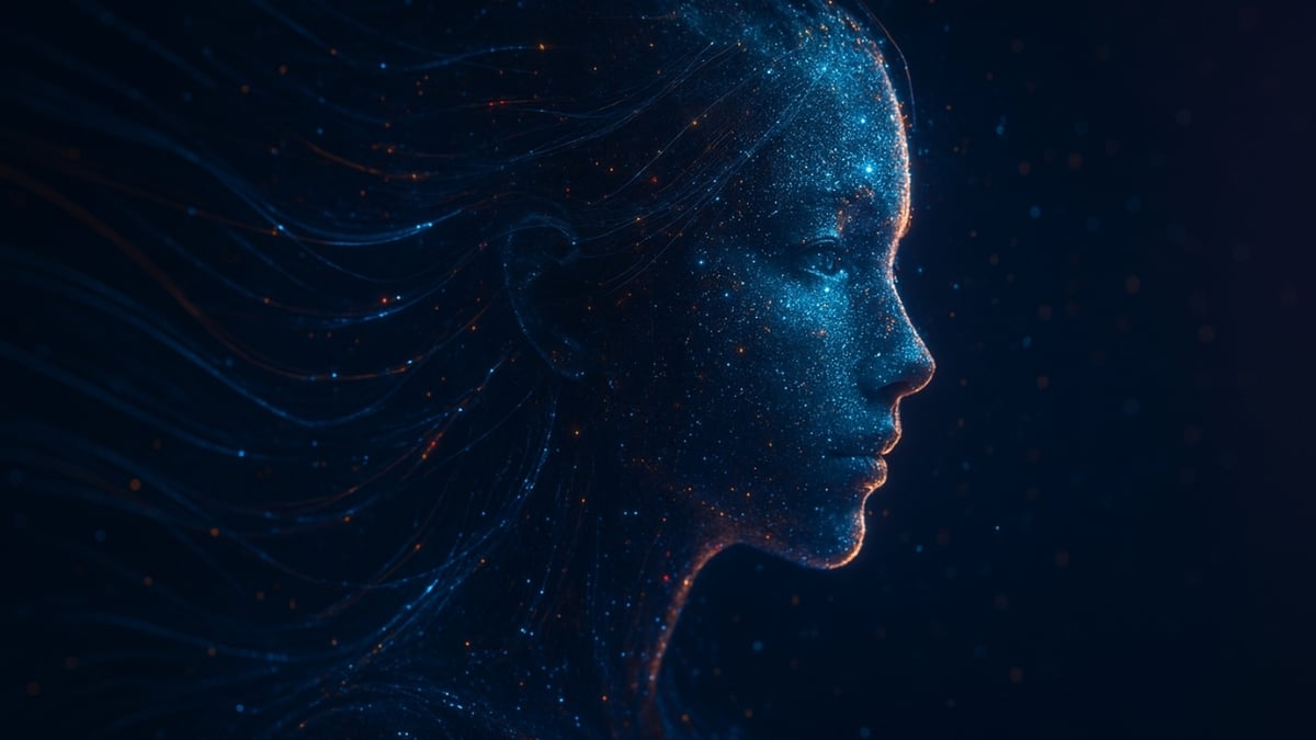 A glowing female profile formed by blue and orange digital particles against a dark background.